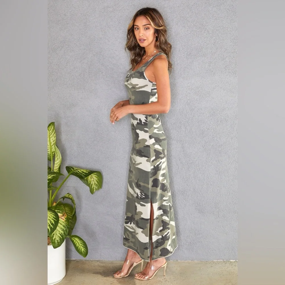 (8391-CAMO) CAMOUFLAGE  RAZOR BACK MAXI DRESS - Picture 2 of 4